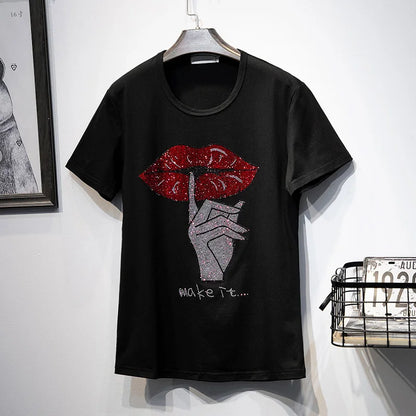 Loose cotton Hot drilling black T-shirts women short sleeve summer new Breathable Korean version Tees 2022 diamonds Trend Tops