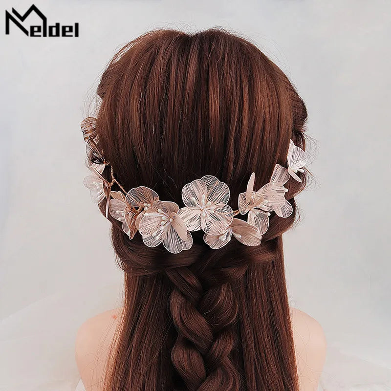 Meldel Woman jewelry hair accessories copper wire petal hair band bride headdress pearl handmade hair band dress headdress