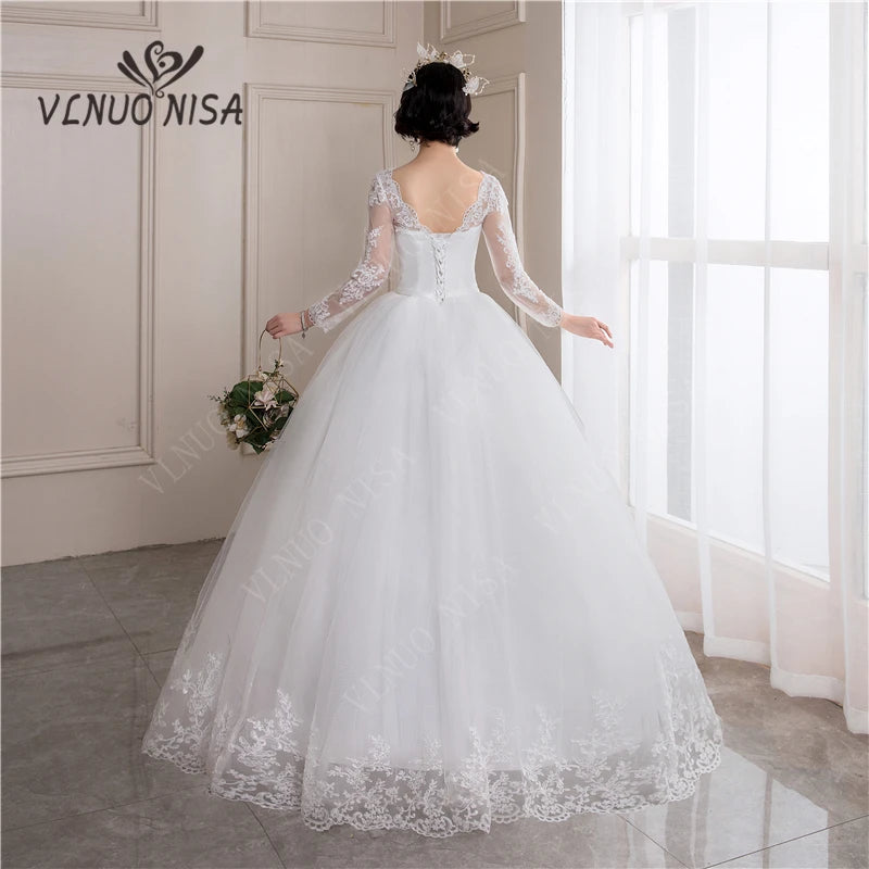 Long Sleeve Wedding Dresses 2023 V-neck Muslin Lace Wedding Gowns off white Vestido de noiva Plus size Bridal princess dress