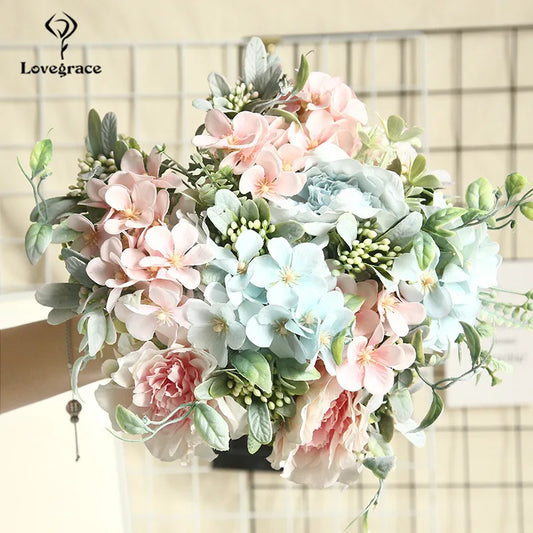 Lovegrace Camellia Bouquet Fake Peony Flower Artificial Silk Begonia Blue Rose Bridesmaid Bouquet Flower Home Wedding Flowers