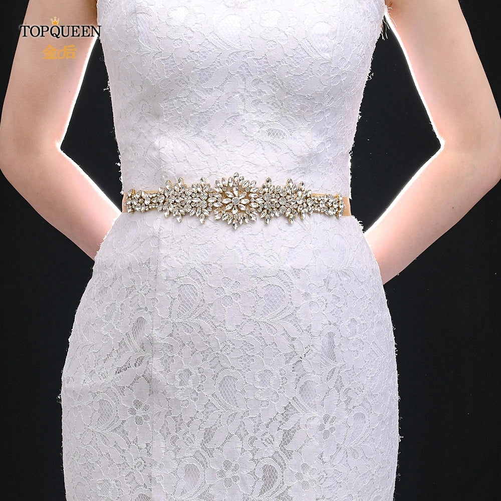 TOPQUEEN S319-G Plus Size Bridal Gowns Belts Golden Belts for Women Rhinestones Belt Girlfriend Luxury Ribbon Belt Wedding Sash