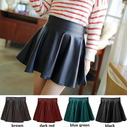 Summer Faux PU Leather High Waist Mini Skirts Women Vintage Elastic Skater Flared Pleated Stretch Mini Skirt