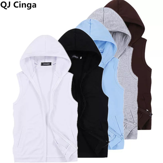 2024 New Men's Sleeveless Hooded Jacket Zipper Control White Blue Grey This Coat Is Perfect for Spring Summer Fall 5xl