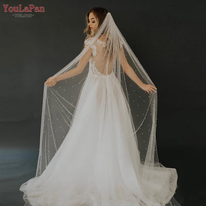 YouLaPan V05 Luxury Bridal Tulle Bridal Veil Pearl Wedding Veil with Hair Comb 1 Tier Long Wedding Veil Cathedral Wedding Veil