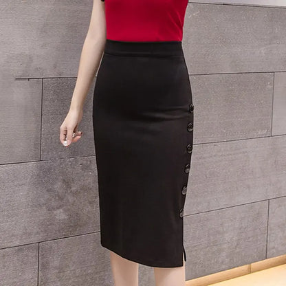 Oversized 2023 Fashion Women Work Midi Skirt OL Sexy Open Slit Button Slim Pencil Skirt Elegant Office Ladies Skirts Red Black