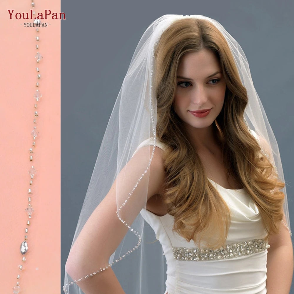 YouLaPan V31 Wedding Veil with Crystal Edge Bridal Veils Wedding Crystal Organza Beaded Sparkly Veil Short Veil with Comb