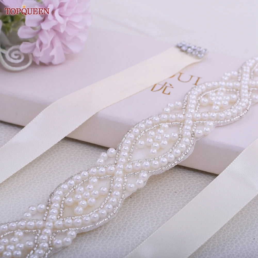 TOPQUEEN S353A Handmade Belts for Wedding Dress Pearls Decoration Women Bridal Female Formal Evening Party Gown Ribbon Sashes