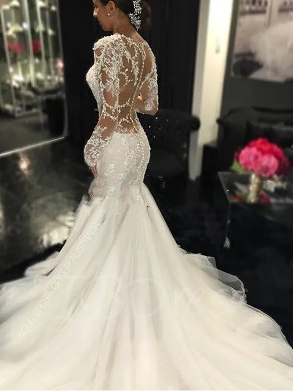 Lace Mermaid Wedding White Dresses Dubai African Arabic See Through Wedding Dress Long Sleeves Slim Fishtail Bridal Gowns 2024