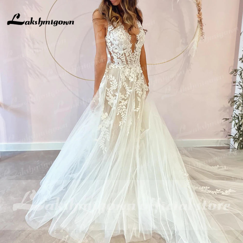 Sexy A-Line Backless Wedding Dress 2024 Vintage Lace Applique Beaded Off White Tulle Wedding Gowns Trouwjurk Long Bridal Dress