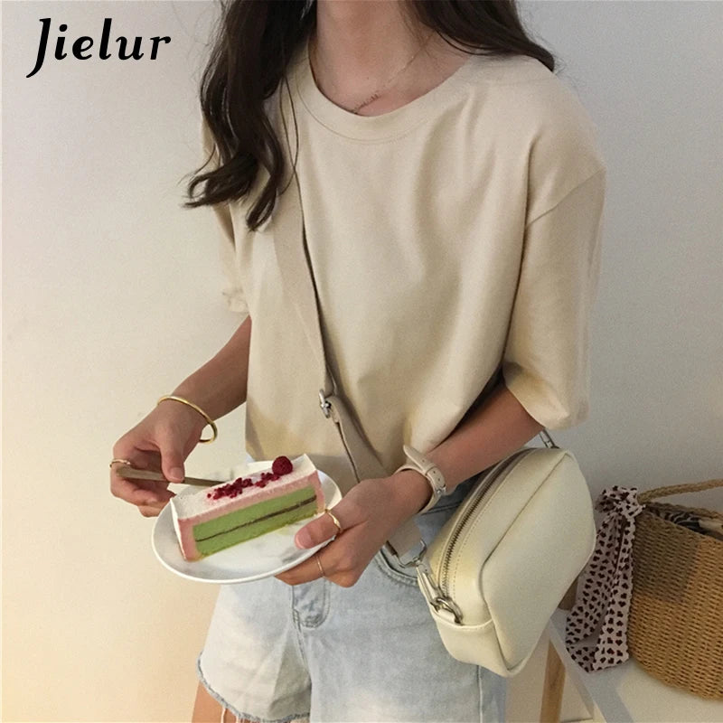 Jielur Tee Shirt Solid Color Basic T Shirt Women Casual O-neck Harajuku Summer Top Korean Hipster White Tshirt S-XL