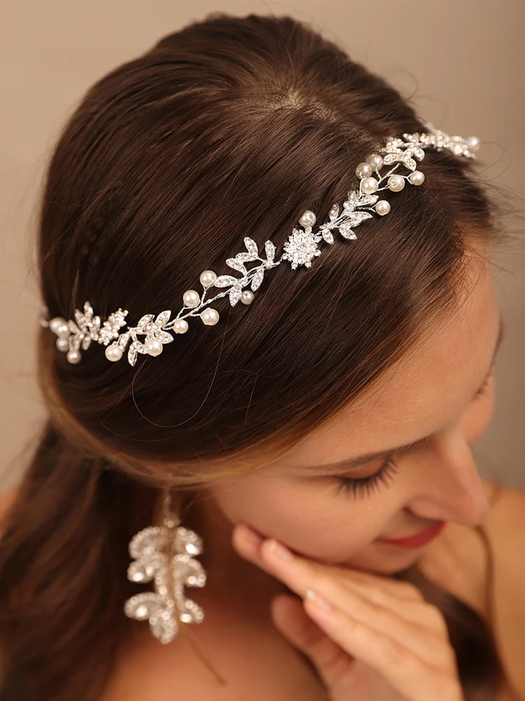 Bridal Headwear Rhinestone Flower Bridal Tiara Headbands Pearl Hair Jewelry Wedding Hair Accessories Handmade Prom Hair Piece