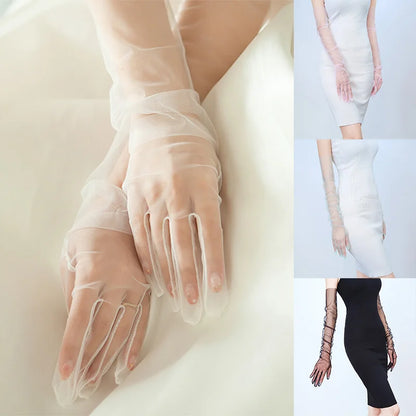 70CM Women Ultra Thin Gloves Tulle Elbow Long Wedding Bride Dress Mittens Sheer Transparent Sunscreen Vintage Black White Glove