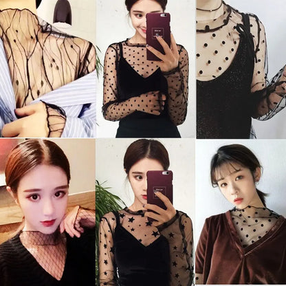 Ruoru Women Sexy Harajuku Mesh Tops Net See Through T Shirt Transparent Undershirt Star Base Top Camisas Femininas Clubwear