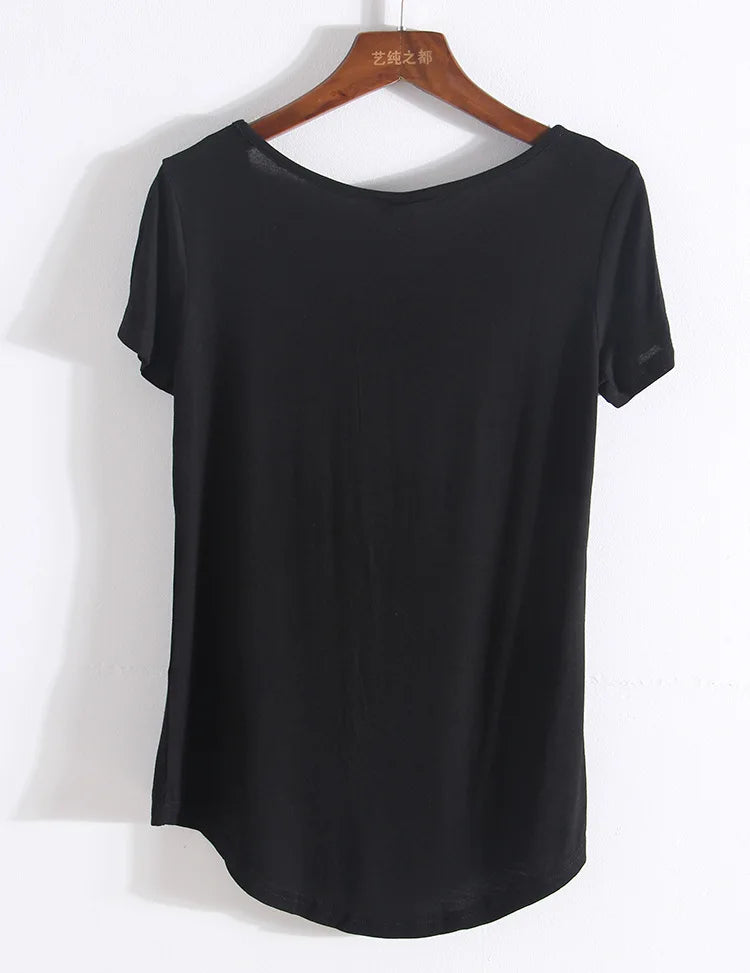 HanOrange Modal Pocket Summer Short Sleeve Loose Women V-neck Pure Color Soft T-shirt  Black/Gray/White/Beige