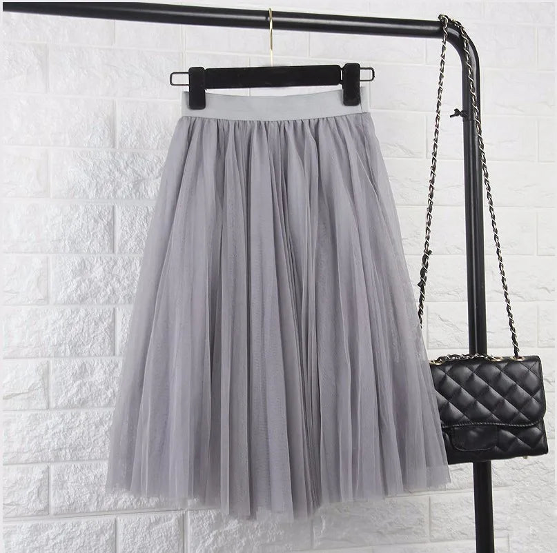 TingYiLi 4 Layers Tulle Skirts Womens Black Gray White Adult Tulle Skirt Elastic High Waist Pleated Midi Skirt