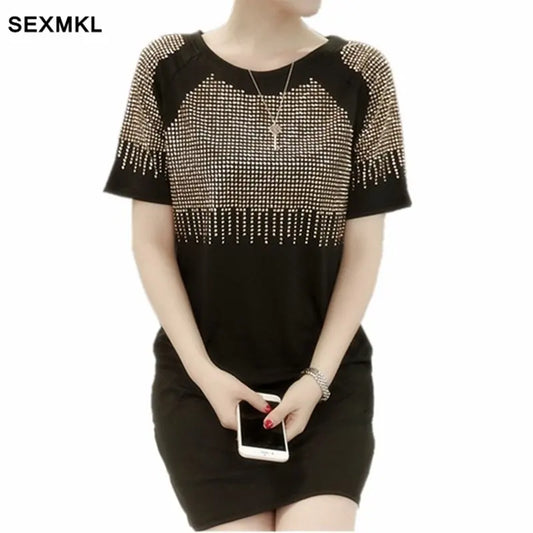 Women Summer Dresses 2023 Fashion Casual Short Sleeve Vestidos Sexy Rivet Diamonds Dress Shirt Loose Black Dress Plus Size XXXL