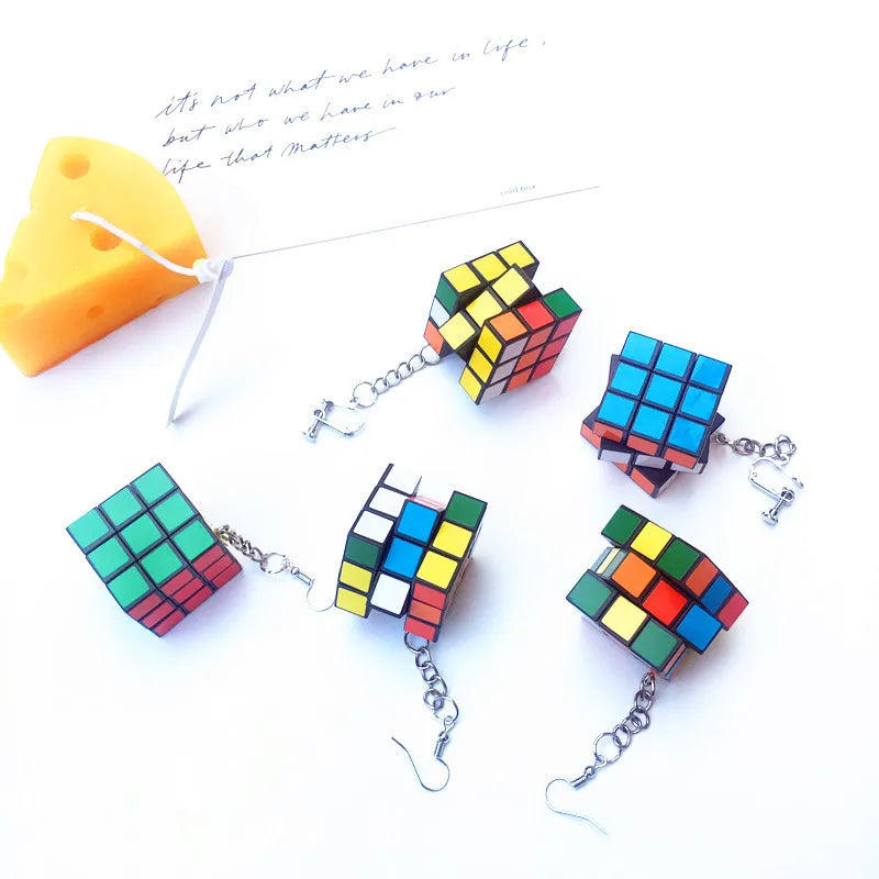 Donarsei Funny Resin 3D Magic Cube Drop Earrings For Women Colorful Geometric Speed Cube Dangle Earrings Novelty Jewelry