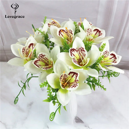 10Pcs/Bouquet Artificial Orchid Flore White Silk Fake Orchid Flower DIY Wedding Back Road Home Desk Vase Accessories Faux Flores