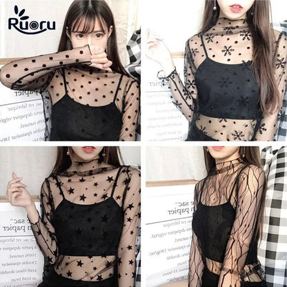 Ruoru Women Sexy Harajuku Mesh Tops Net See Through T Shirt Transparent Undershirt Star Base Top Camisas Femininas Clubwear