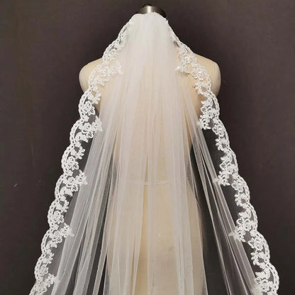 Real Photos Long Lace Bridal Veil with Comb 3.5 Meters 1 Layer Cathedral White Iovry Wedding Veil Wedding Accessories