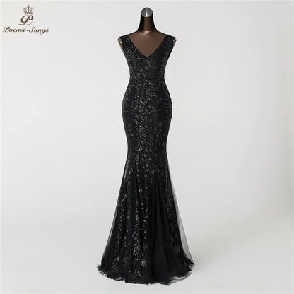 Poems Songs Double-V Mermaid  Evening Dress prom gowns Formal Party dress vestido de festa Elegant Vintage robe longue