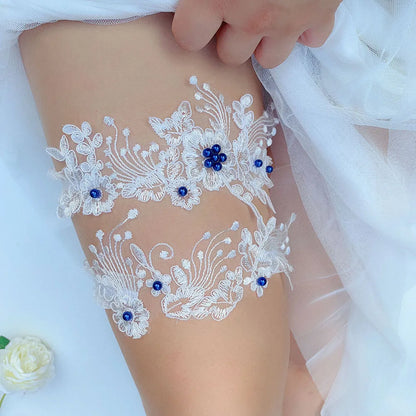 K03 2 PCS Sexy Lace Flower Crystal  Pearls Wedding Garter Belt Thigh Ring Bridal Leg Garter Stocking Garter Belt Girl Women