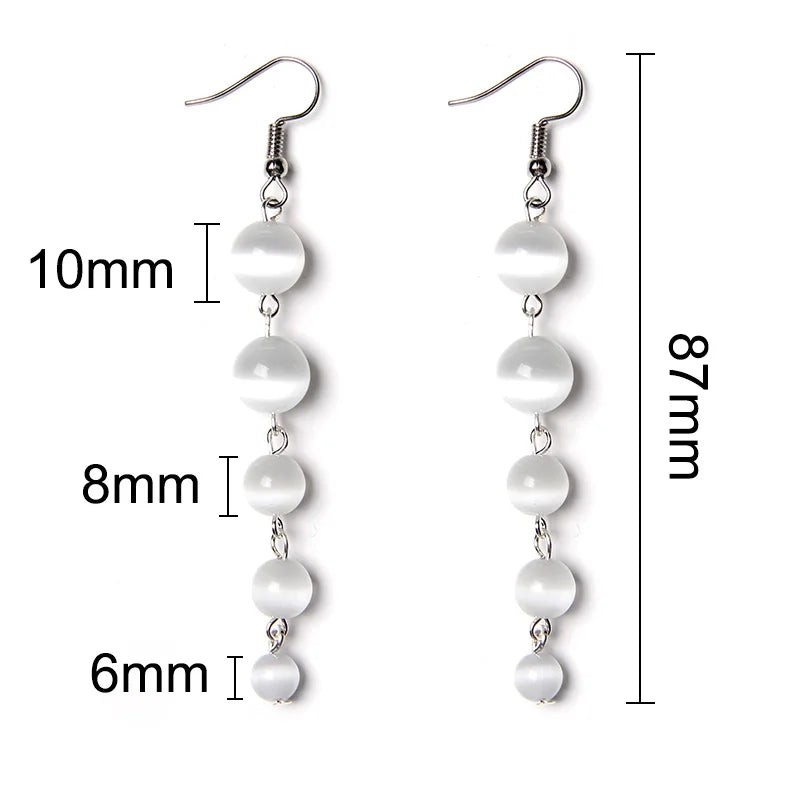 Natural Stone Long Earrings for Women Cat Eye Stone Drop Earrings Round Beads Dangler Pendent Ball Earring Female Jewelry Gifts