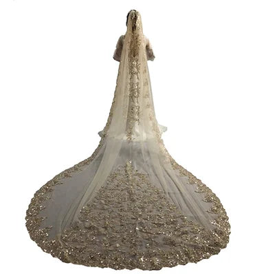 Bridal Veils Sequins New Luxury Cathedral Veil 3M 4M 5M Appliques Lace Edge Custom Made Long Wedding Veils Sequins  Wraps 2021