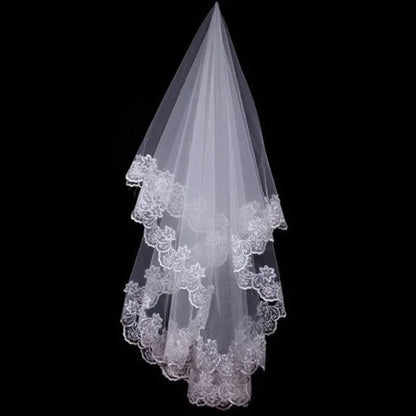 Women Bridal Short Wedding Veil White One Layer Lace Flower Edge Appliques