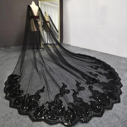 Real Photos Black Long Wedding Boleros Bling Sequins Lace Cathedral Bridal Cape Bolero Mariage Wedding Accessories Shoulder Veil