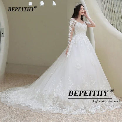 BEPEITHY Lace Romantic Wedding Gowns For Women Long Sleeves France India Bride Princess Bridal Dresses 2022 Vestidos De Novia