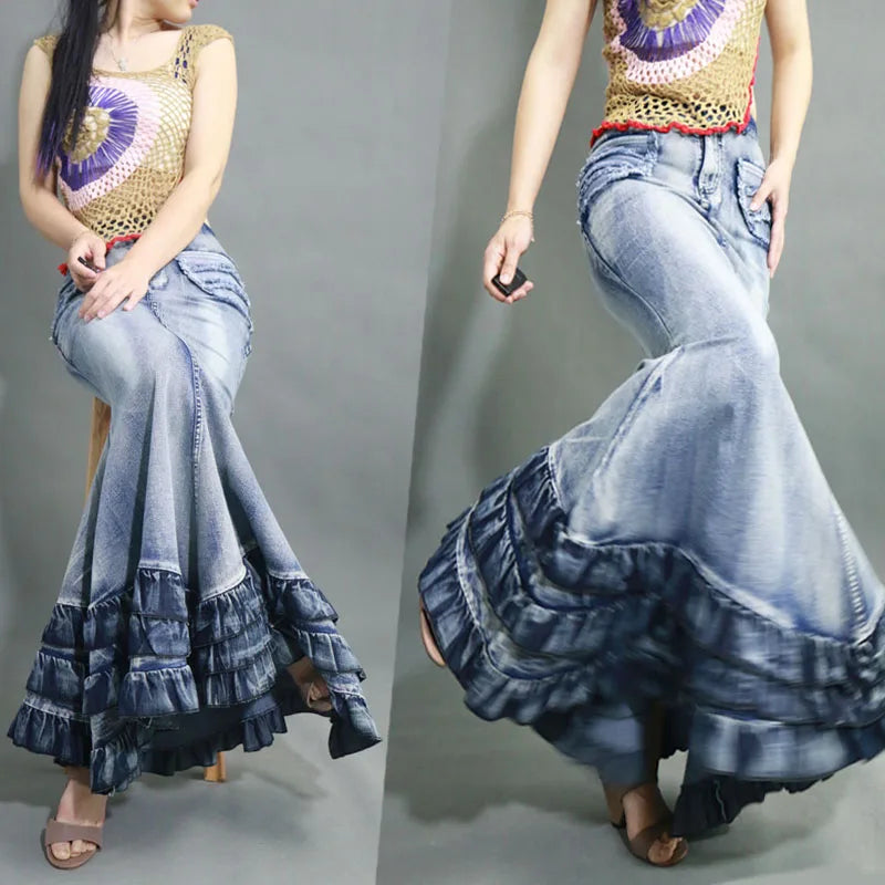 Retro Women Jeans Skirt Curve Beauty Cake Big Swing High Waisted Fishtail Skirts Slim Package Hip Mermaid Denim Long Maxi Skirts