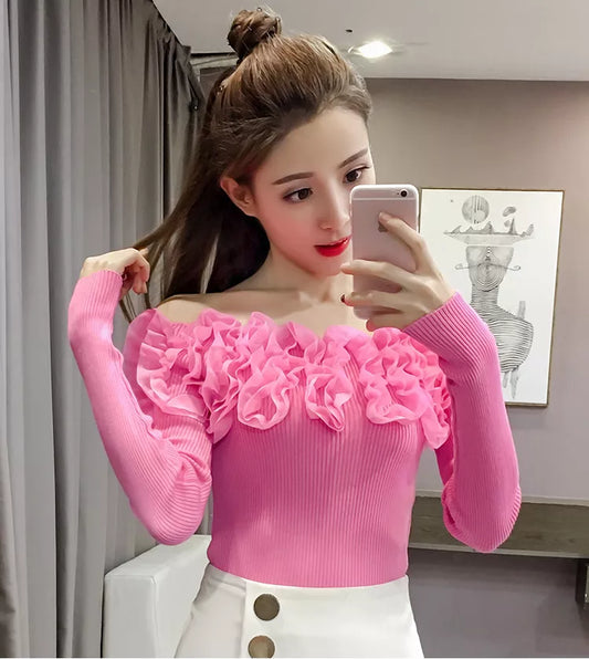 Autumn Women Knitting Full Sleeve Patchwork Sweaters Pullovers Girls Slim Floral Knitted Knitwear Tops GTA014