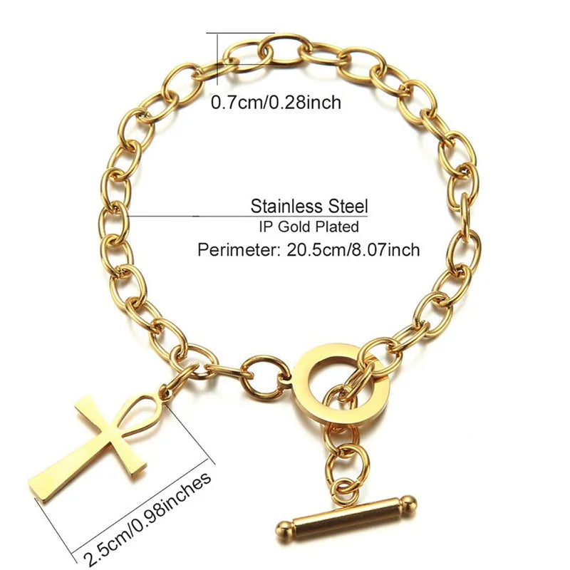 Stainless Steel Chain Ankh Charm Bracelet For Women Men Cross OT Buckle Toggle Bracelet Egyptian Jewelry