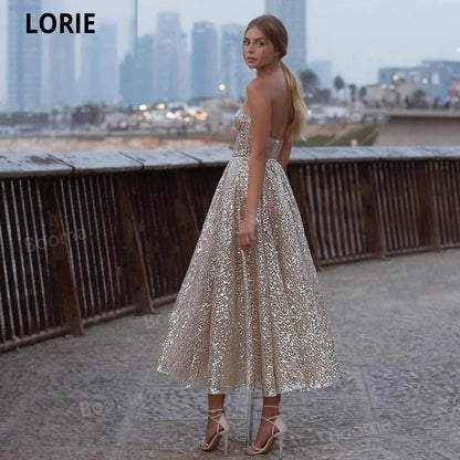 LORIE Glitter Sequin Lace Prom Dresses Sweetheart A-Line Short Prom Gowns Open Back Sleeveless Tea-Length Formal Party Gowns