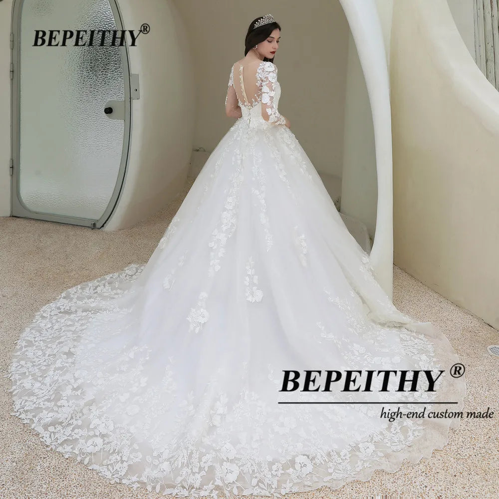 BEPEITHY Lace Romantic Wedding Gowns For Women Long Sleeves France India Bride Princess Bridal Dresses 2022 Vestidos De Novia