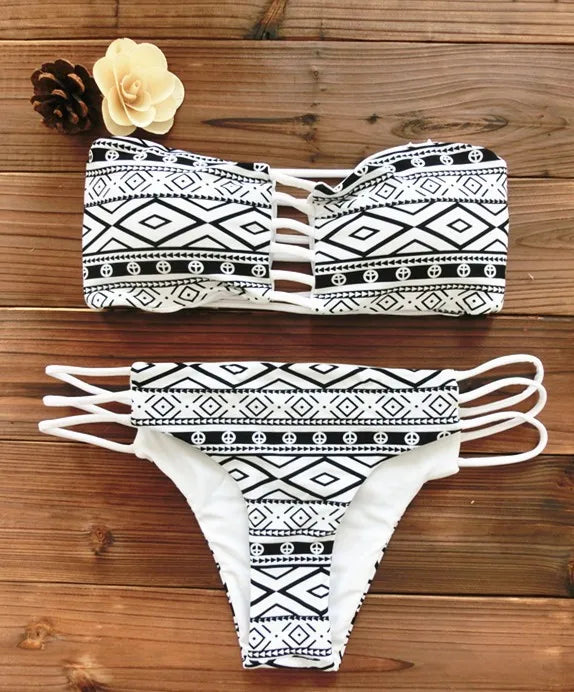 2022 Women Bandeau Bikini Reversible Print Swimsuit Strappy Swimwear Biquini Trikini 1112