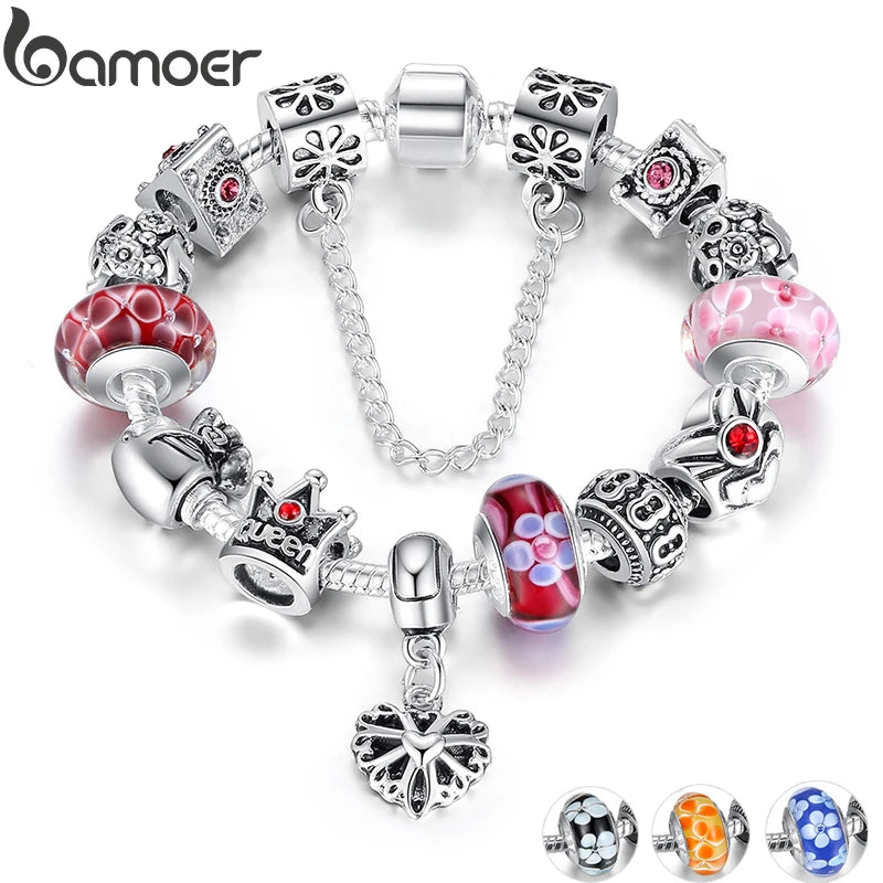 BAMOER Queen Jewelry Charms Bracelet & Bangles With Queen Crown Beads Bracelet for Women PA1823