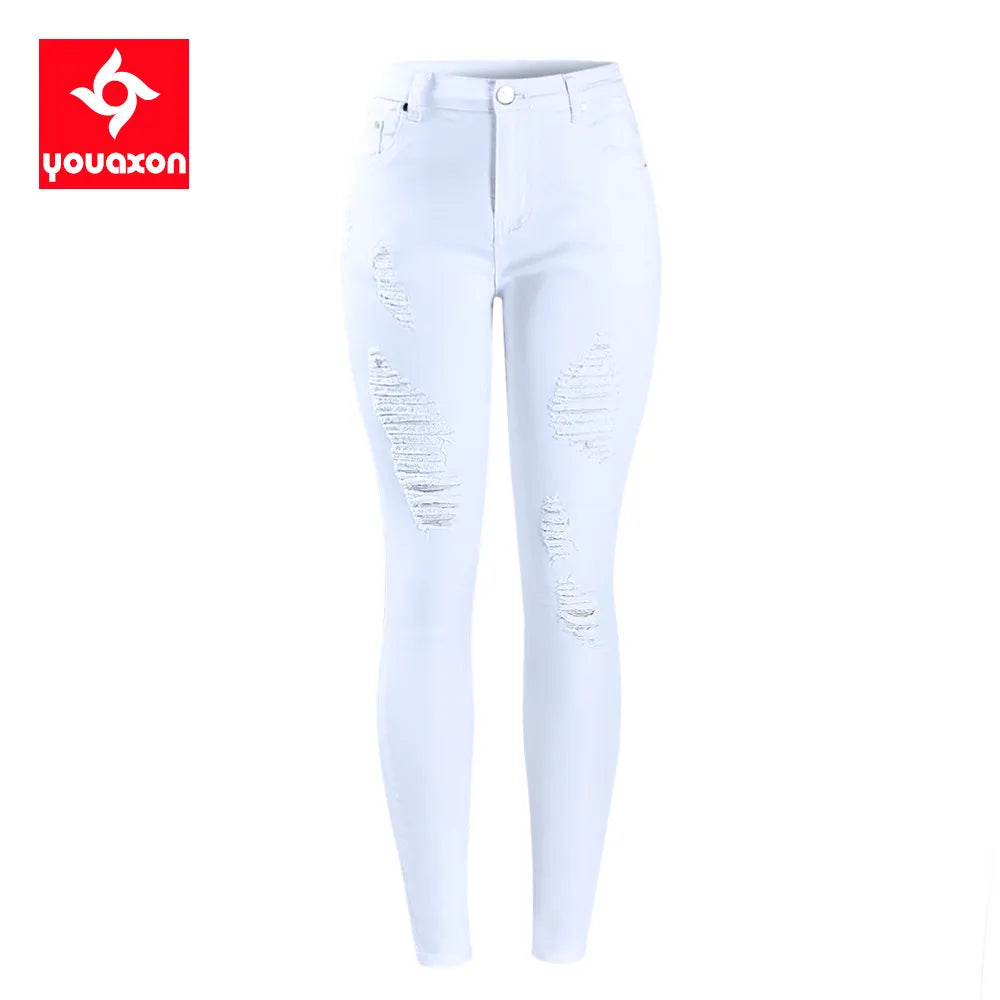 2067 Youaxon EU Size White Distressed Curvy Jeans Women`s Mid High Waist Stretch Denim Pants Ripped Skinny Jeans For Woman Jean