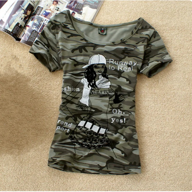 Summer Army Camouflage tshirt Women Letter Crown Printed T-shirts Stretch Military Uniform Big Size 5XL Casual Tee Tops Clothes