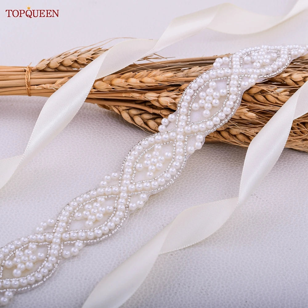 TOPQUEEN S353A Handmade Belts for Wedding Dress Pearls Decoration Women Bridal Female Formal Evening Party Gown Ribbon Sashes