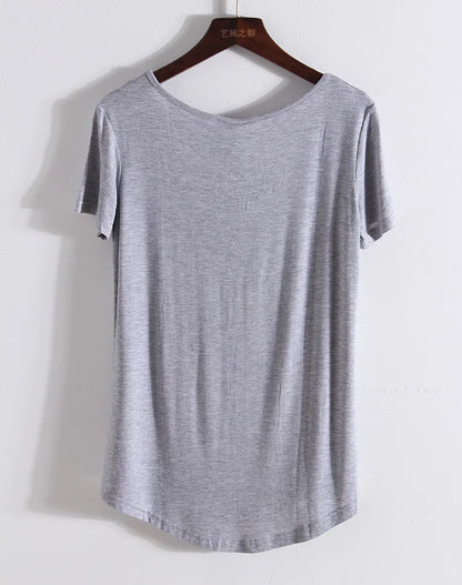 HanOrange Modal Pocket Summer Short Sleeve Loose Women V-neck Pure Color Soft T-shirt  Black/Gray/White/Beige