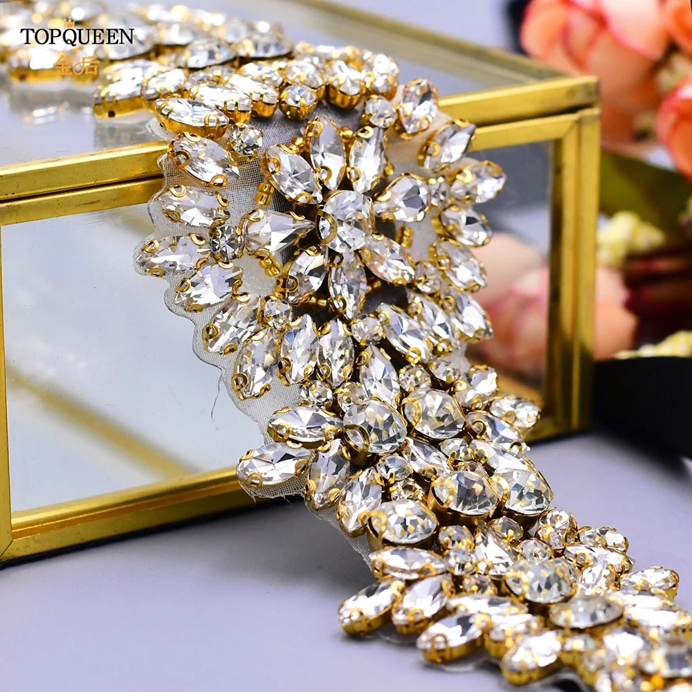 TOPQUEEN S319-G Plus Size Bridal Gowns Belts Golden Belts for Women Rhinestones Belt Girlfriend Luxury Ribbon Belt Wedding Sash