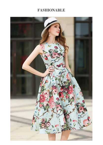 Autumn Sleeveless Floral Print Long Dress Elegant O Neck Rushed Pleated Large Swing Flower Beach Sexy Long Dress Female Vestidos