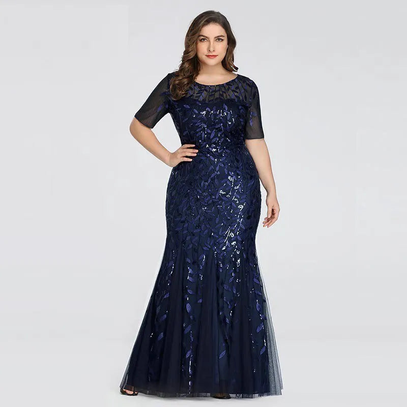 2023 Plus Size Sequin Mesh Mermaid Slim Evening Dress Beaded Leaves Pattern Formal  Women Elegant Party Prom Gowns Short Sleeve