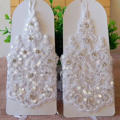 Bridal Gloves Elegant Short White Lace Rhinestone Women's Fingerless Gloves Wedding Accessories