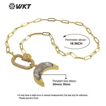 WT-N1302 WKT New Women Natural Druzy Quartz Gold Crescent Horn Pendant Necklace CZ Clasp Connector Stone Fine Jewelry