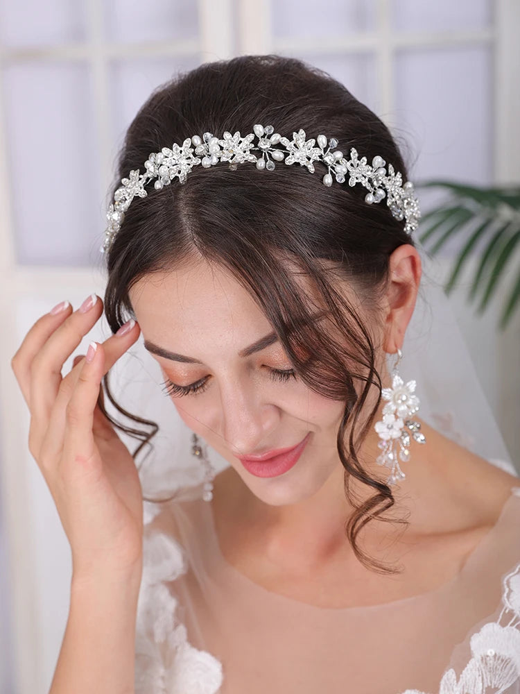 Silver Tiara Wedding Headdress Shiny Rhinestone Pearl Luxury Headband Elegant Women Hair Jewelry Set Bridal Hair Accessories