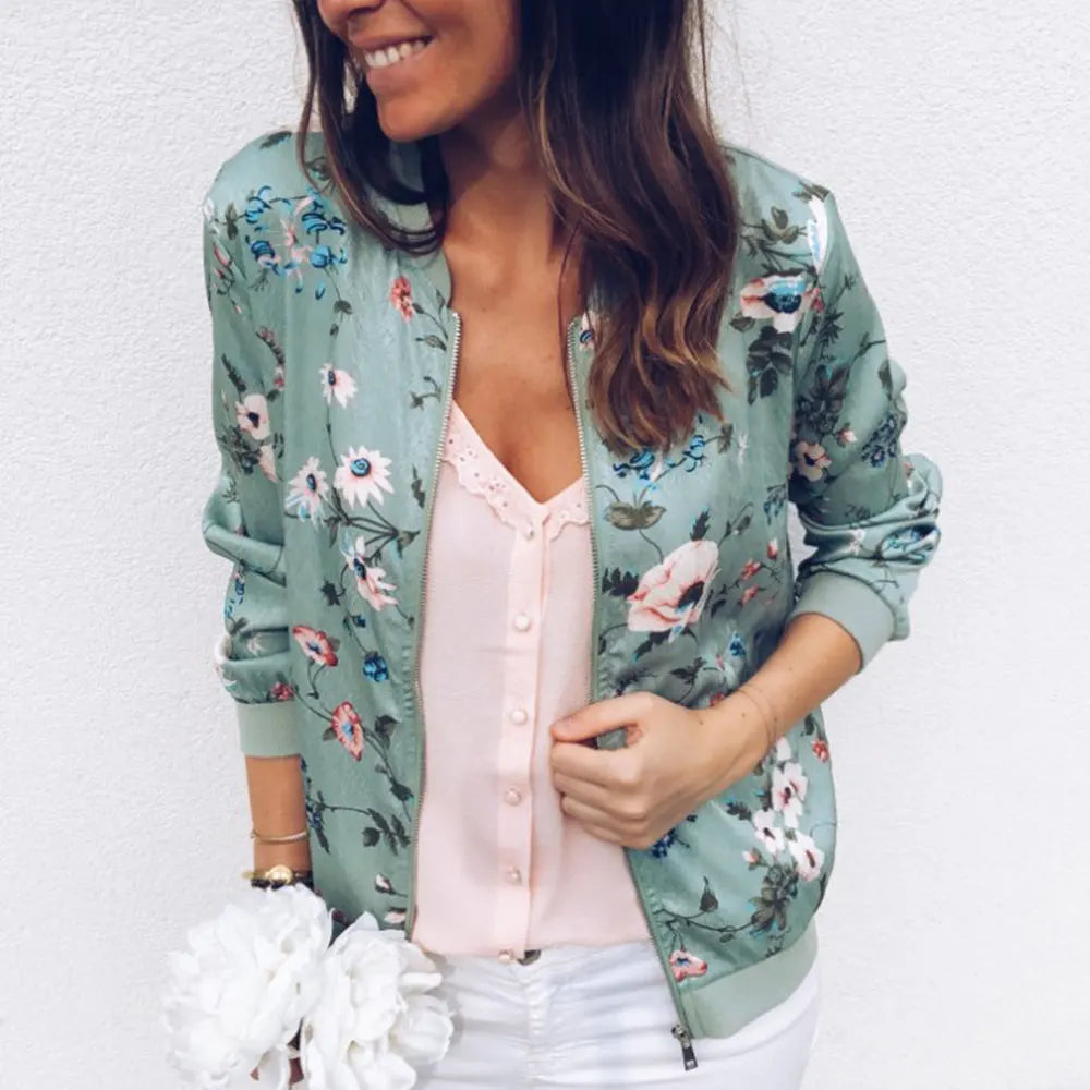 Jocoo Jolee Women Elegant Zipper Bomber Jacket Spring Autumn Floral Printed Jackets Office Wear Slim Office Coat Retro Outwear