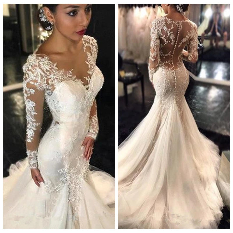 Lace Mermaid Wedding White Dresses Dubai African Arabic See Through Wedding Dress Long Sleeves Slim Fishtail Bridal Gowns 2024